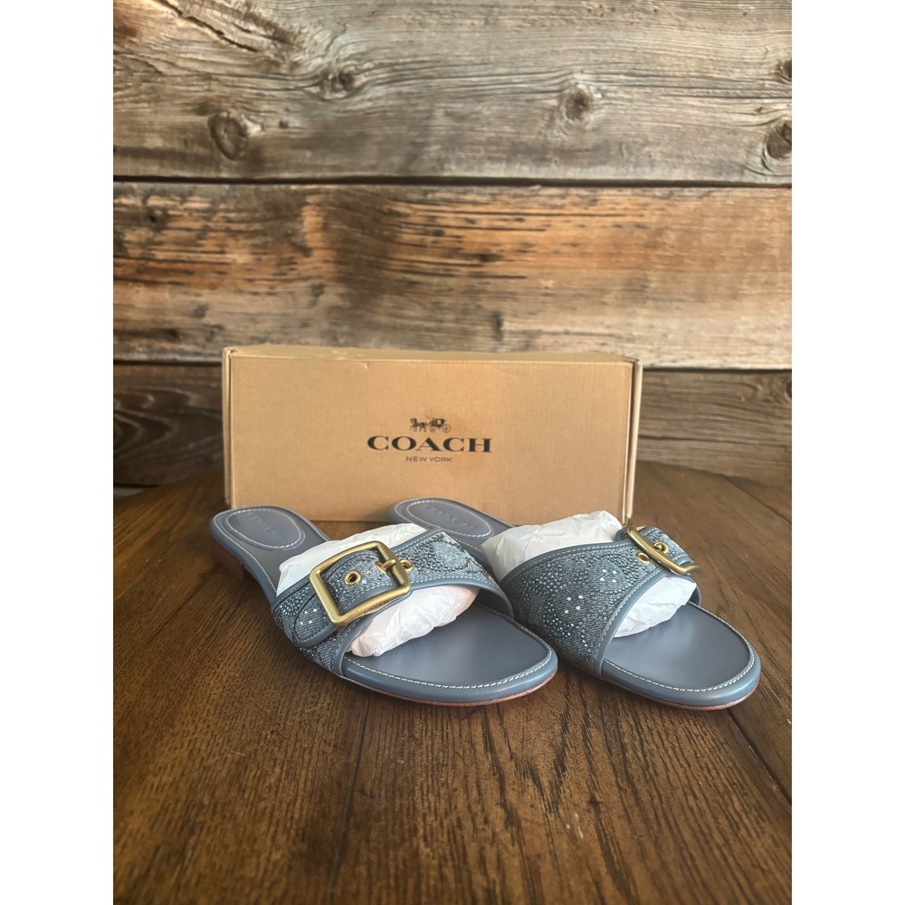 Coach Margit Crystal Denim Flat Sandals Blue Buckle Slides CFA99 Womens 11 B